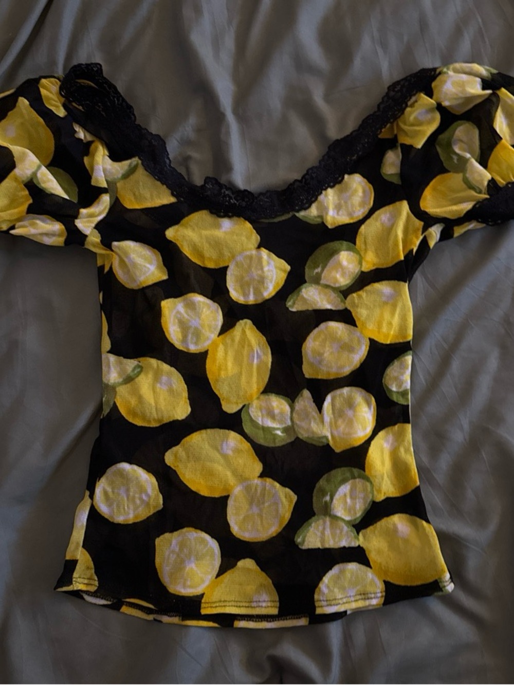 Kimchi Blue Black Lace Lemon-Print Camisole Sheer Girly Summer Top - Picture 3 of 4